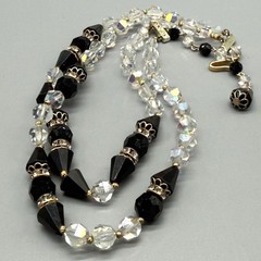Vintage Black Clear Crystal Beaded Necklace Rhinestone Clasp 15″