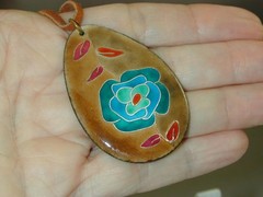 Vintage Cloisonne Flower Pendant On Leather Cord Artisan