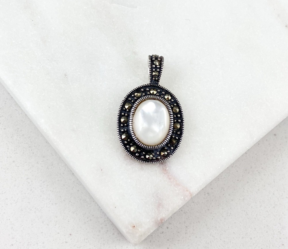 Vintage 925 Sterling Silver Deco Marcasite Mother Of Pearl Pendant