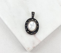 Vintage 925 Sterling Silver Deco Marcasite Mother Of Pearl Pendant