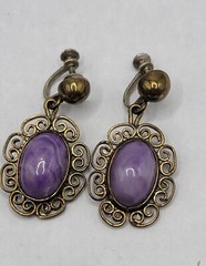 Vintage Purple Charoite Cabochans Screw-back Earrings Alpaca Mexico Ornate Brass