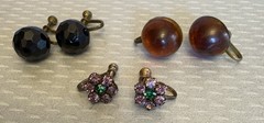 Lot 3 Pair Antique Vintage Brass Screw Back Earrings Faux Jet Amber Rhinestone