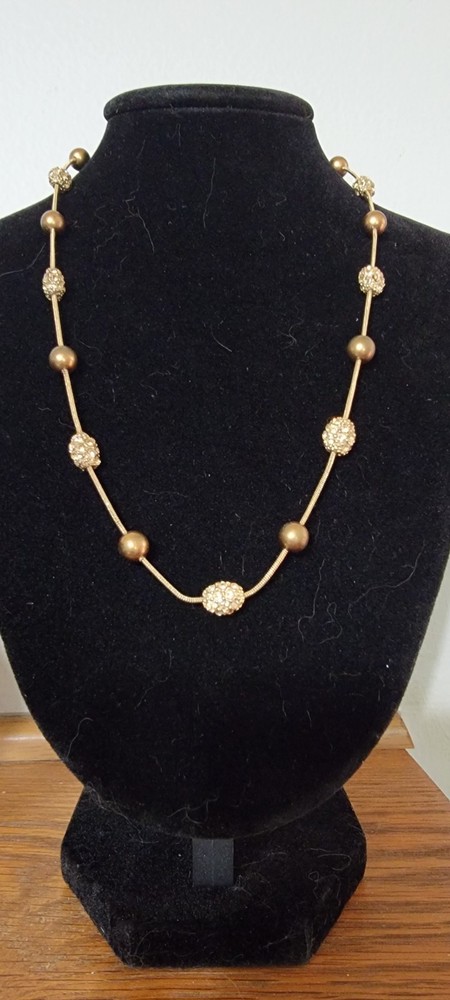 Vintage Gold-Tone Ball Bead and Rhinestone Pave Station Necklace 16″