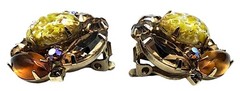 Yellow Foil Art Glass Rhinestone Earrings Autumn Colors Vintage Costume Jewelry