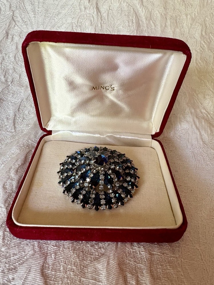 Weiss Large Round Domed Blue & Clear Rhinestones Statement Brooch Gorgeous