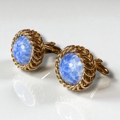 Vintage Cufflinks Mens Gold Tone Blue Swirl Glass Regency Bullet Back