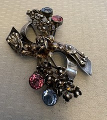 Hobe Sterling Silver Bow Brooch Large 3D Rose Floral Pink Blue Glass Jeweled 3″