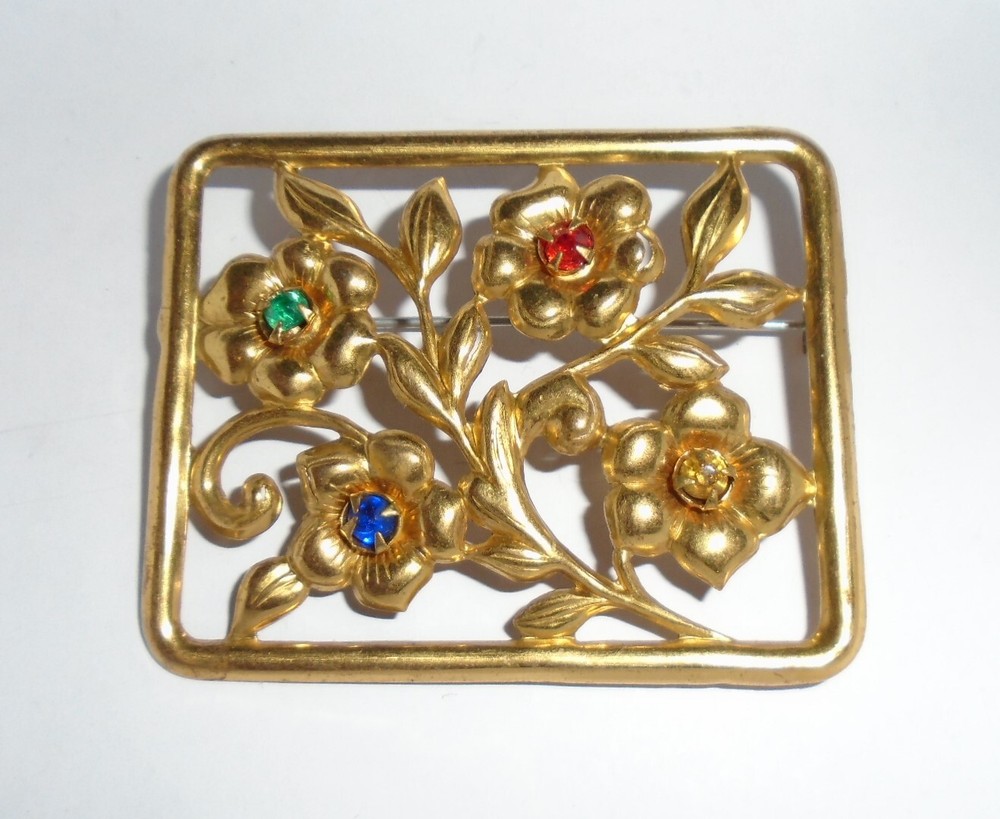 Vintage Rhinestone Brooch Pin Rectangle Art Nouveau Style 1950s
