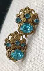 Art Deco Czech Aqua Blue Stone Earrings Flower Basket Gold Tone Screw Back