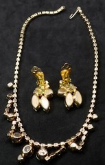 Vintage Clear w AB Rhinestone Bib Necklace & Clip Earring Demi Parure Set