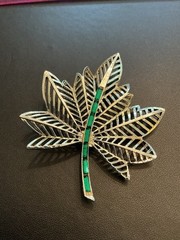 Vintage Signed Amerique Leaf Brooch Emerald Green Channel Set Stones