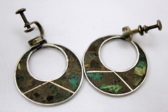 Vintage Mexican Stone Inlaid Sterling Silver Large Handmade Camo Colored Circle