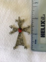 Vintage Armenian Silver Filigree Khachkar Cross Pendant With Red Cabochon Stone