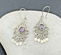 Vintage 925 Sterling Amethyst Drop Dangle Chandelier Pierced Earring French Wire