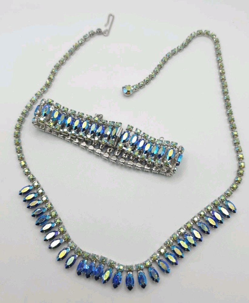 VTG B. David Blue Green Aurora Borealis Rhinestone Choker Necklace & Bracelet