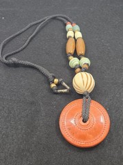 Vintage Y2K Chunky Statement Necklace | Red Cinnabar Style Bi Disc Pendant