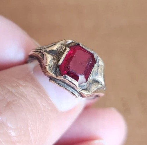 Unique Vintage 10k Yellow Gold/ Sterling Ring Faux Red Stone Sz 5.25 Engagement