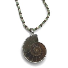 Vintage Ammonite Shell Fossil Pendant Necklace Spiral Bezel Cord Beach Cruise