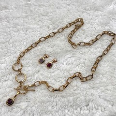 Jewelry Set Toggle Necklace Pierced Earrings Reddish Purple Glass Stone NICE