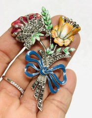 Vtg 925 Sterling Silver Marcasite Blue Red Green Enamel Flower Brooch Pin
