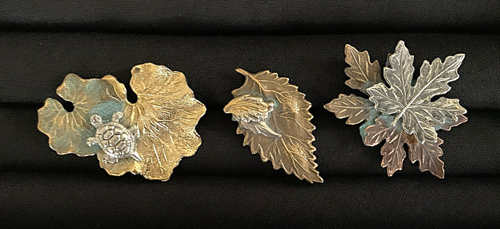 3 Vintage Leaf-Shaped Metal Brooches with Varies Patinas