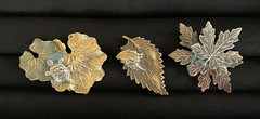 3 Vintage Leaf-Shaped Metal Brooches with Varies Patinas