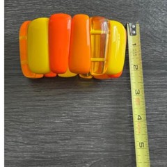 Vintage 1960s Orange Yellow Lucite 2″ Wide Stretchy Bangle Bracelet Retro