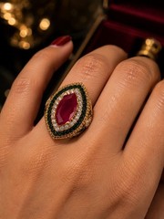 Women’s Red Marquise Crystal Statement Ring Green Clear Rhinestones Gold Tone Sz