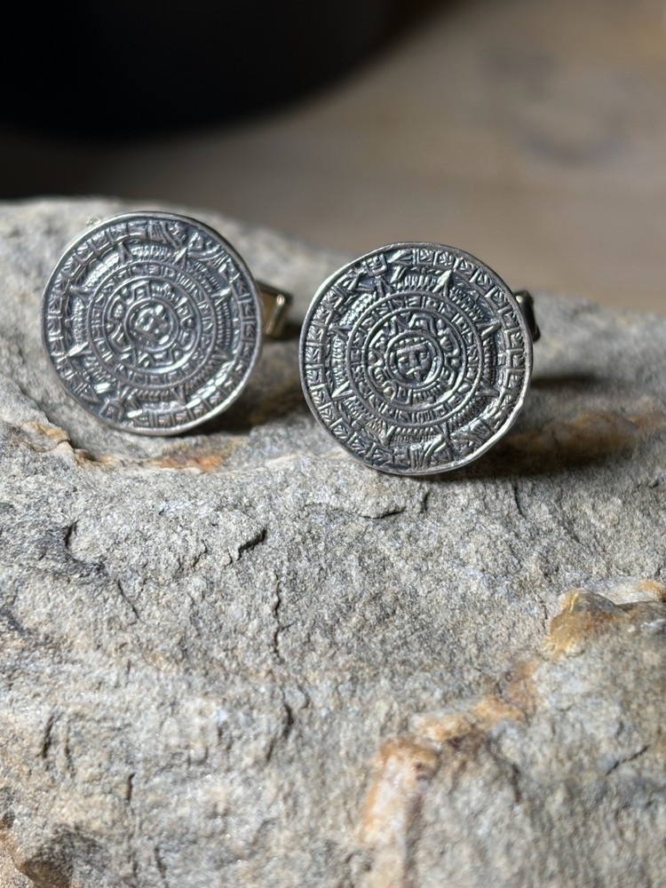 Vintage Sterling Silver Cufflinks Cuff Links Aztec Mayan Design Hecho En Mexico