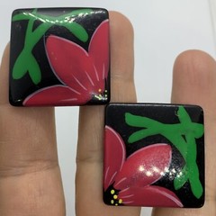 VTG 80s RESIN PINK FLOWER BLACK BIG SQUARE EARRINGS CLIP-ON STATEMENT