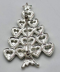Christmas Tree Brooch Silver Tone Green Glitter Heart Clear Crystal Pin Holiday