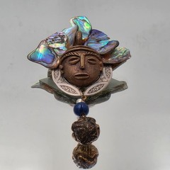 Vintage 1991 Artisan Signed Mixed Media Face Brooch Pin Abalone Lapis 3.5