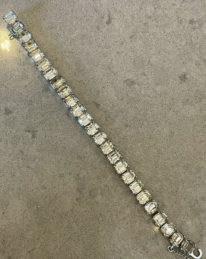 Eisenberg ICE Signed Bracelet Rhinestone 7” W/Safety Chain Rhodium Plated