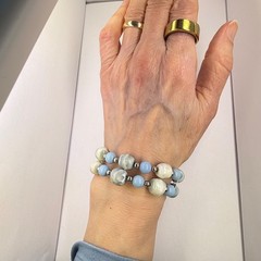 Beaded Memory Wire Bracelet Pastel Blue Pale Green Silver Beads Gift Box 1950s