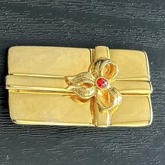 VTG Shiny Gold-tone AAi Signed Rapped Gift Box Brooch Red Gem