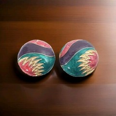 Vintage 1980s Pearlescent Enamel BROOCH EARRING Gold Tone Purple Fushia Teal