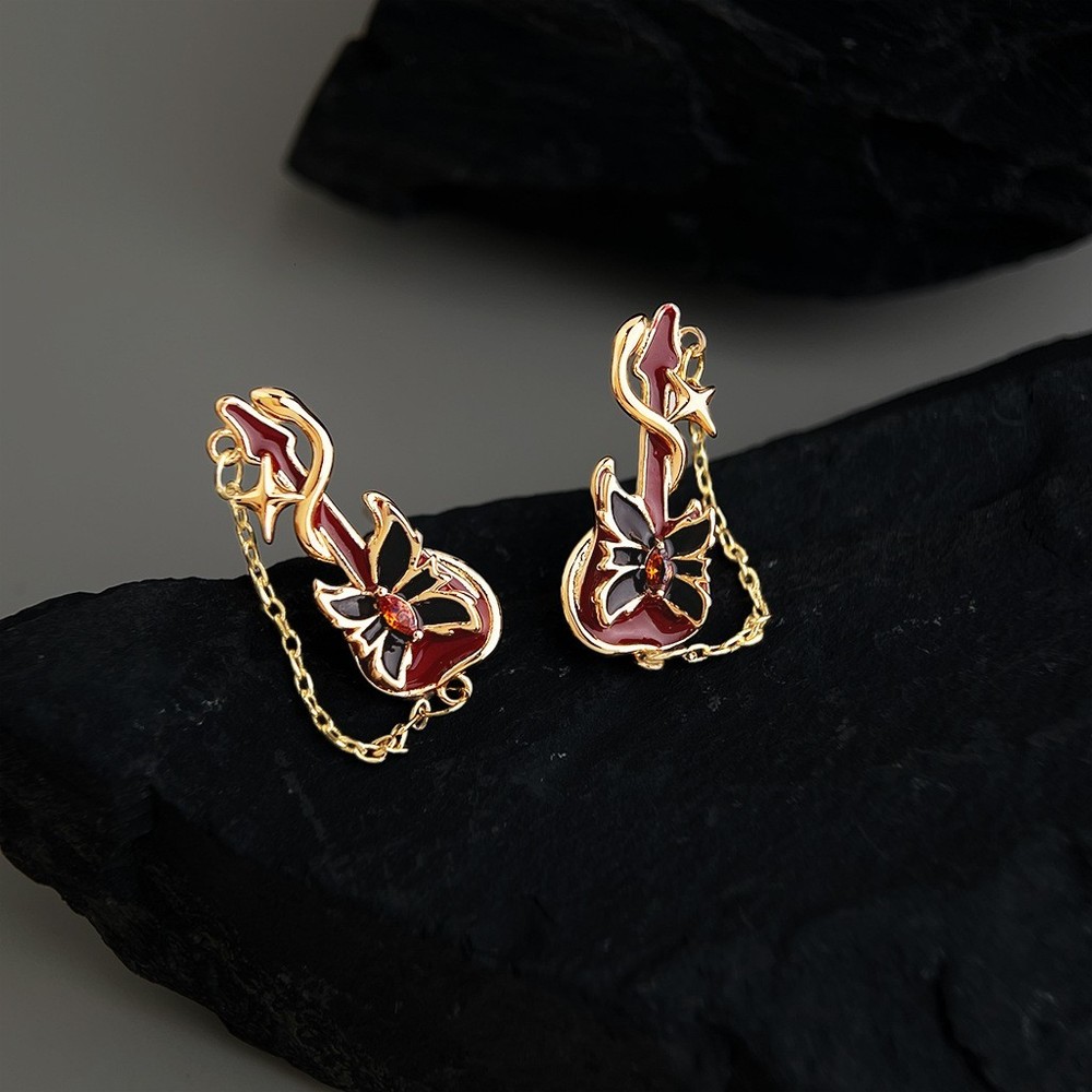 Guitar Music Earrings 14K Gold Plated Enamel Chain Rock Punk Jewelry Unisex Stud