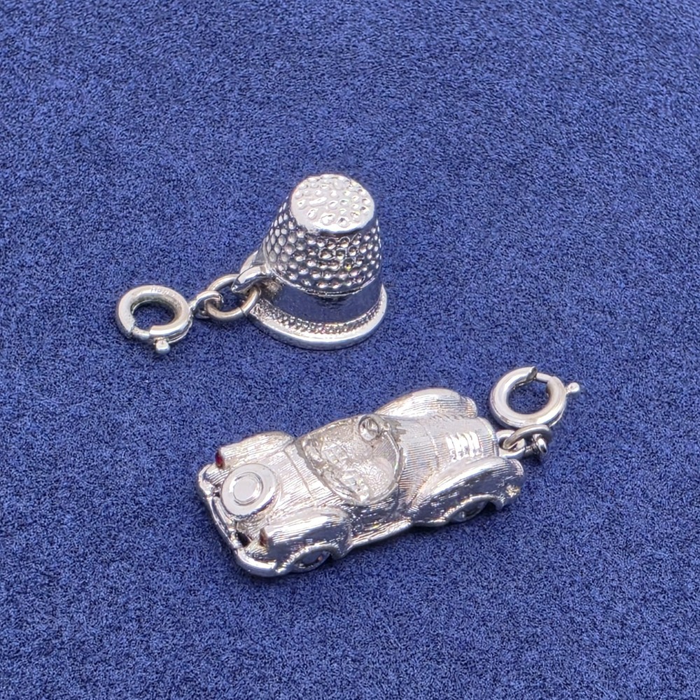 Vintage Monet Bracelet Charms Oldie Sports Car Roadster & Sewing Thimble