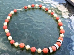 Estate 14K Gold Bead, Coral Glass, And Glass Pearl Beaded Necklace