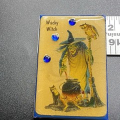 Vintage Handmade Jeannie Signed Wacky Witch Brooch Halloween Cauldron Cat
