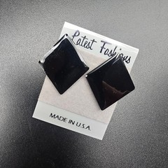 Black Enamel Diamond Shape Stud Earrings Vintage 1980s NOS On Card