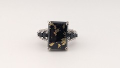 Vintage Sterling Silver Ring Black Tourmaline Gold Matrix Filigree STS Size 6.75