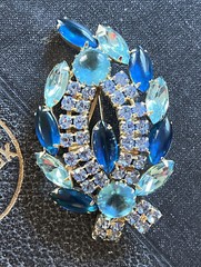 Vintage Blue Glass Cabochon Rhinestone Open Back Gold Tone Brooch Pin Estate