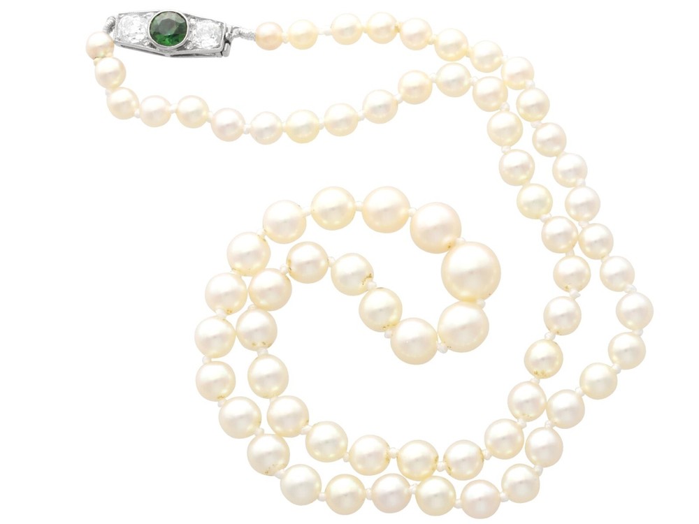 Single Strand Pearl Necklace with Sapphire, Diamond and 12k White Gold Clasp