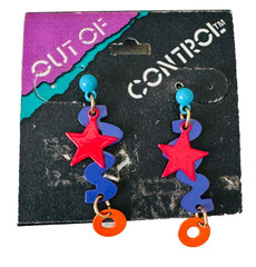 Vintage 1980s OUT OF CONTROL TM Colorful Metal Dangle Pierced Earrings Orig Card