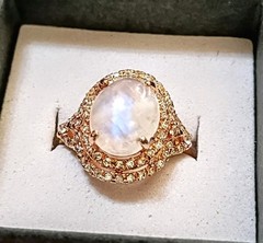 Vintage Cabachon Moonstone CZ Rose Gold 925 Sterling Statement Estate Ring 8.25