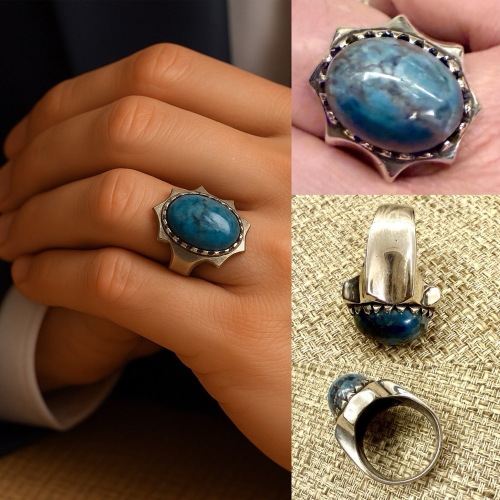 💙🔷 Rare Blue Agate Ring with Teal, Cyan & Grey Veins – Handmade Silver Unique✨
