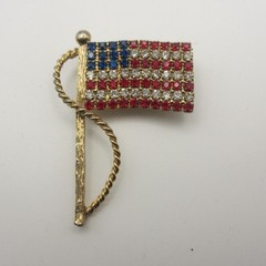 Vintage Flag Brooch Earrings Married Set USA Rhinestones Post