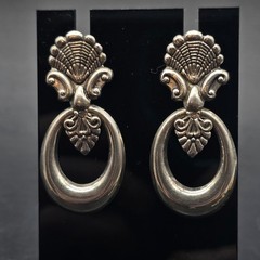 Silver Tone Art Nouveau Earrings Ornate Door Knocker Pierced Post Vintage