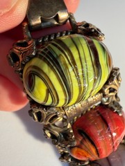 Vintage Chunky Swirl Art Glass Cabochon Link Bracelet Brass Retro 1950s Dungeon